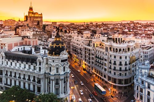 Panoramic aerial view of Gran Via main shopping street in Madrid capital of Spain Europe.